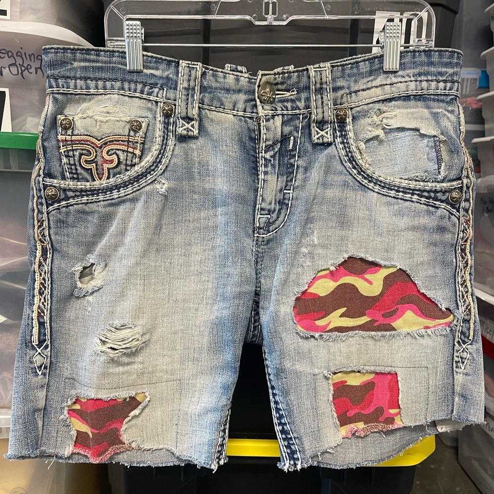 Rock Revival Blue Denim Shorts Distressed with Robins Jeans Red Camo Backing